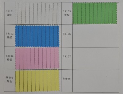 GZ-BLH S8101 Antistatic Sterilization Fabric Ingredients: 59% polyester + 40% moisture-wicking polyester + 1% carbon fiber Yarn count: 100D*150D Density: 148*87 Width: 150cm Weight: 140±5gsm Point-to-point resistance: 10~6-10~7 Function: antistatic, soft  45 degree